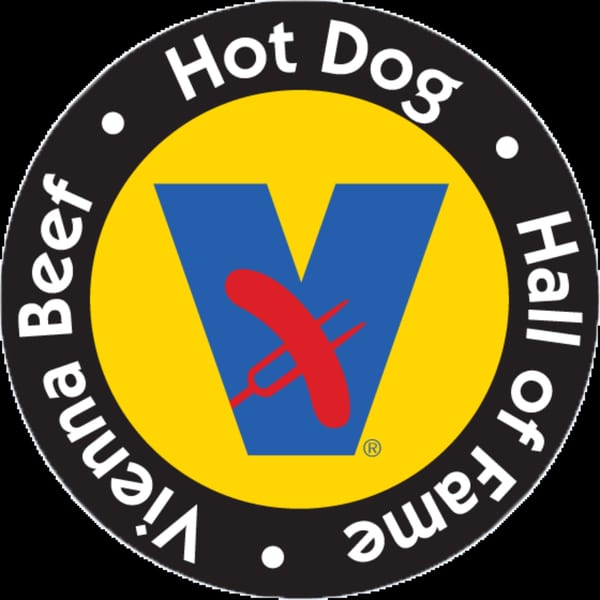 Vienna Beef Hot Dog Hall of Fame logo, a black circle with yellow and blue V, and a red hot dog.