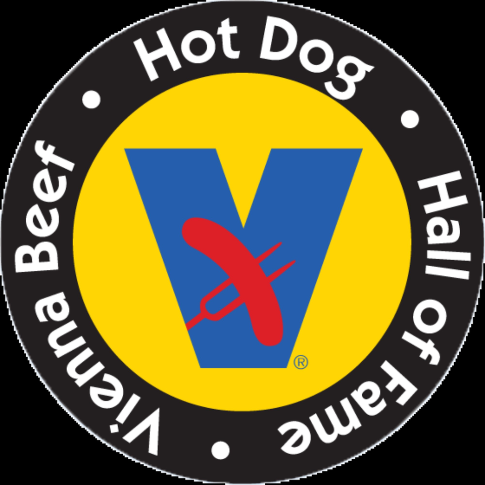 Vienna Beef Hot Dog Hall of Fame logo, a black circle with yellow and blue V, and a red hot dog.